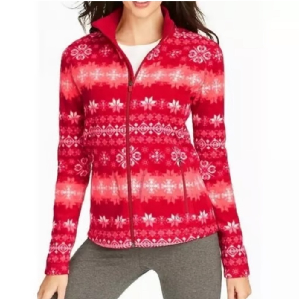 Talbots Fleece Jacket Red White Snowflake Full Zip Cozy Soft Size Large